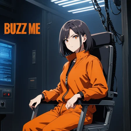 (sign that says "BUZZ ME"), 1girl, Woman in electric chair, looking at viewer,  <lora:perfect-eyes:0.8> perfecteyes, <lora:texta:.9>, text, logo, the word, orange jumpsuit, red button, (anime, masterpiece, intricate:1.3), (best quality, hires textures, high detail:1.2), (4k),(incredibly detailed:1.4),UHD, 8K, ultra detailed