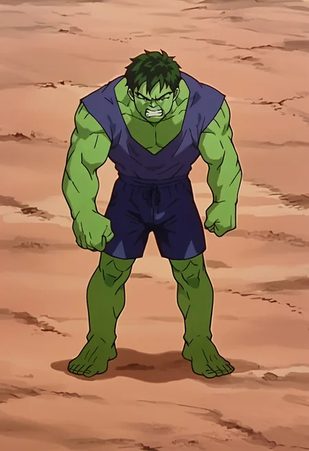 zPDXL3, score_9, score_8_up, score_7_up, score_6_up, score_5_up, source_anime, anime_screencap, source_cartoon, film grain, looking at viewer, fullbody shot, 1male, solo, hulk, outdoors, day, dbstyle, gritted teeth