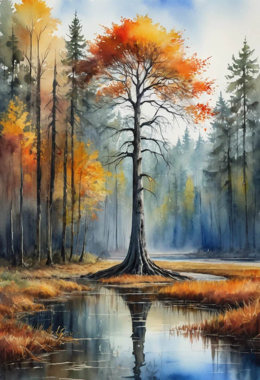 a lone tree standing sentinel at the forest's edge, a tree in a swamp, <lora:Artfully_TREES2-000003:0.6>, sketched with loose strokes, delving into the unknown, depth that evokes wonder, painted in watercolor, vibrant hues, autumn tones masterpiece, detailed, best quality, absurd resolution uhd, 8k,