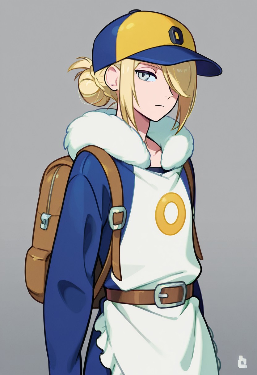 score_9,score_8_up,score_7_up,score_6_up,score_5_up,score_4_up,BREAKmasterpiece, hyper detailed, best quality, insanely detailed, high quality, exquisite, detailed, beautiful, ultra detailed,
1boy, male focus, blonde hair, grey eyes, hair over one eye
VoloGinkgo, blue jumpsuit, fur trim, apron, brown belt, backpack, baseball cap, two-toned headwear, blue headwear, yellow headwear, hair bun, sidelocks
in Take style,