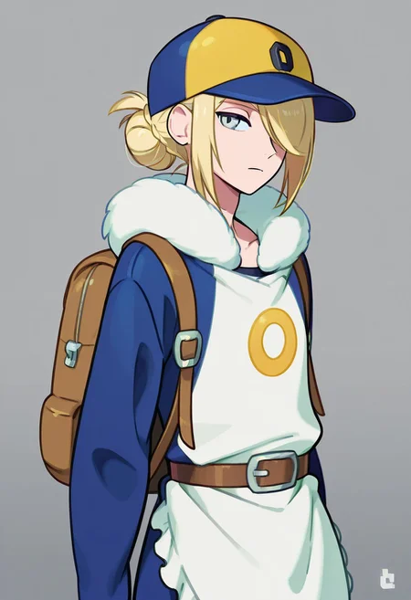 score_9,score_8_up,score_7_up,score_6_up,score_5_up,score_4_up,BREAKmasterpiece, hyper detailed, best quality, insanely detailed, high quality, exquisite, detailed, beautiful, ultra detailed,
1boy, male focus, blonde hair, grey eyes, hair over one eye
VoloGinkgo, blue jumpsuit, fur trim, apron, brown belt, backpack, baseball cap, two-toned headwear, blue headwear, yellow headwear, hair bun, sidelocks
in Take style,