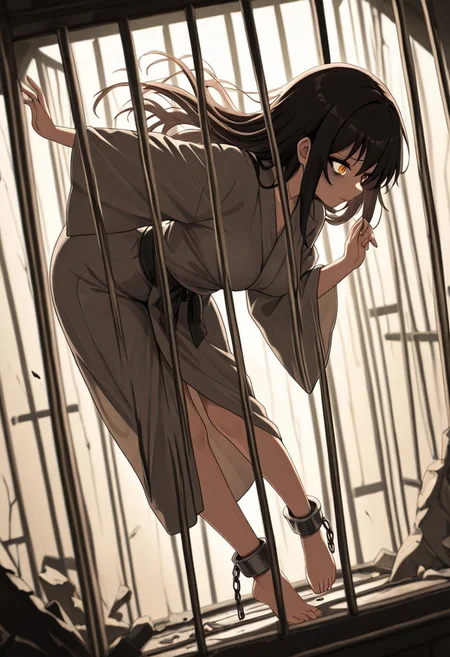 masterpiece, best quality, good quality, very aesthetic, absurdres, newest, 8K, depth of field,  in the style of cknc, artist:moriimee, in the style of cksc, 
1girl, long raven hair, flowing, amber eyes, olive skin, medium breasts, perky, tattered silk robe, slipping, ankle chains, bruised thighs, standing in cage, hips arched, despairing cry, looking side, from below
BREAK
bustling bazaar, white stone, chains clanking
BREAK
warm light, muted colors, high contrast, depth of field, soft shadows, rich details, tense gloom