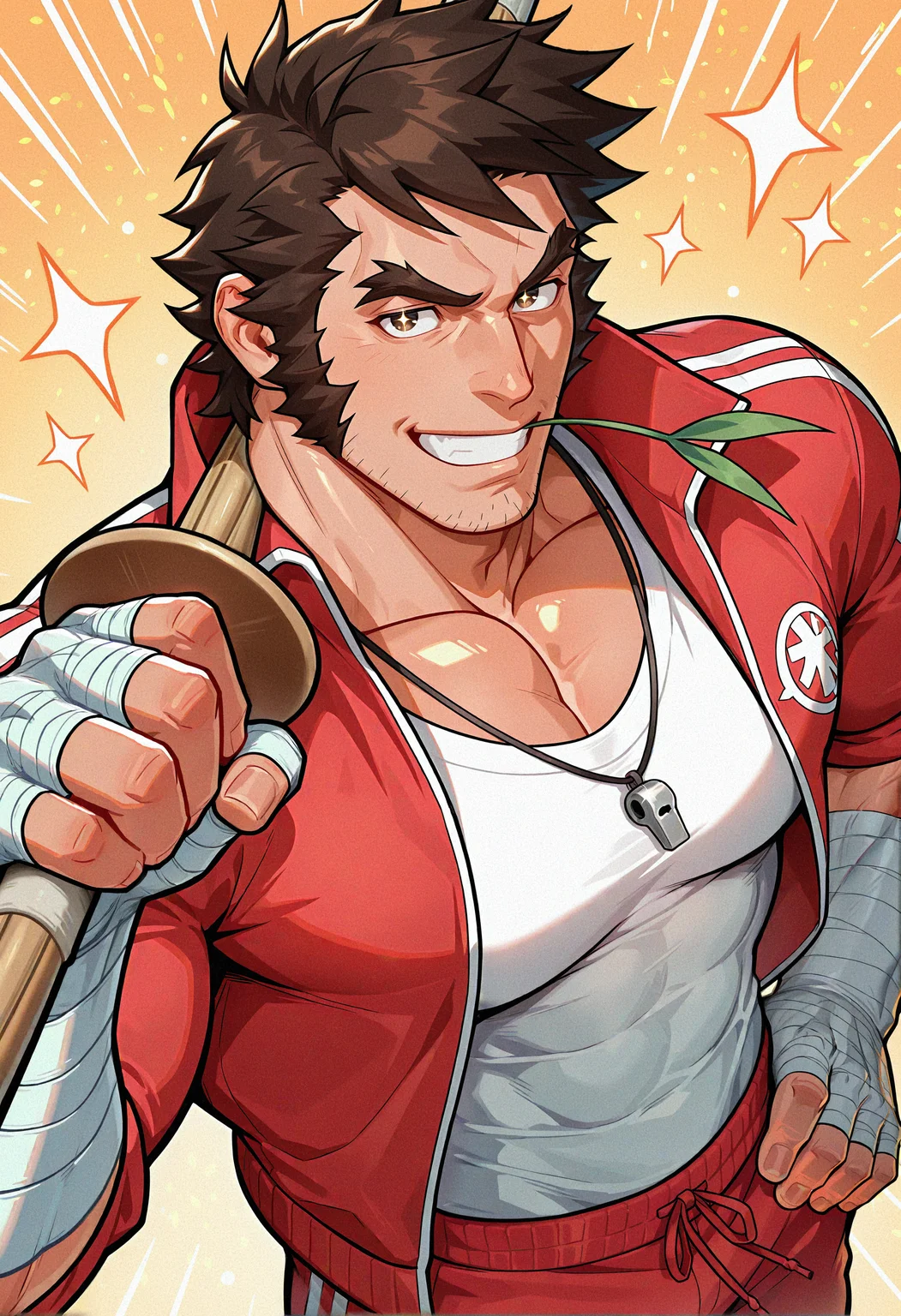 masterpiece, best quality, newest, absurdres, highres, very awa, 1boy, male, male focus, nekketsu hayato, bara, solo, muscular, pectorals, bara, muscular male, bandaged hand, jacket, track pants, smile, bandages, mouth hold, red jacket, large pectorals, baseball bat, over shoulder, pants, shirt, open clothes, pectoral cleavage, looking at viewer, track jacket, necklace, upper body, red pants, grin, open jacket, track suit, forked eyebrows, white shirt, weapon over shoulder, mature male, from above, facial hair, shinai, stalk in mouth, sparkle, hand wraps, weapon, tight shirt, brown hair