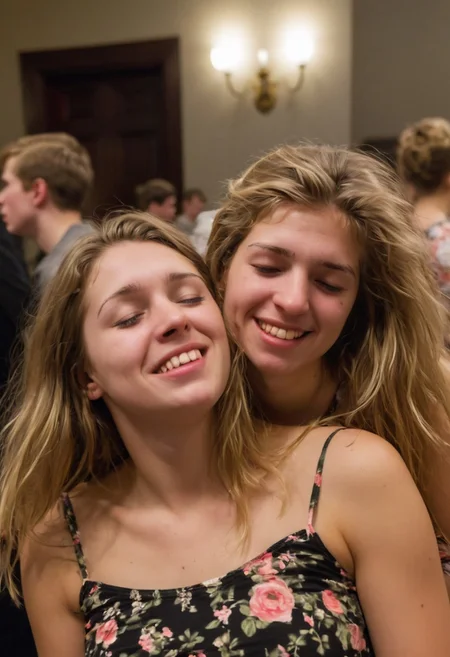 Wearing modern, floral dresses. Darker lighting and atmosphere. Sensual and turned on by each other.  More drunk. One woman has large breasts.Hyper realistic. More drunk and wasted. Two Mormon sister missionaries getting drunk in their apartment after a long day proselyting. They are obviously visibly very intoxicated.  Leaning together lovingly. Very drunk eyes. Very drunk sultry eye contact. more drunk expression. Disheveled hair. (((Falling, tripping, staggering, dizzy, sleepy))). (((blackout drunk))).Realistic skin. Film grain. Typical lighting wearing a nice modern dress. (((20 year old Mormon Temple square sister  missionary))). Her hair is very disheveled. She drank a lot of tequila(((heavily lidded, drunk eyes))) incoherent, and completely hammered.
 (((incoherent, wasted))) very  drunk. realistic photo.{{{increasingly wasted}}} after having way too much to drink.  (((falling down))) drunken expression. cinematic lighting. (((Flirting))). Soft contented smile. She's completely wasted and wants to have sex tonight.