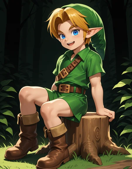 masterpiece,best quality,amazing quality
BREAK
ylink,young link,solo, smile,Sitting on a stump,open mouth, short hair, blue eyes, blonde hair,  1boy, hat, male focus, short sleeves, boots, pointy ears, belt, buckle,  green headwear, brown belt, green tunic
BREAK
<lora:younglink_ill_896_1152_v1:1>