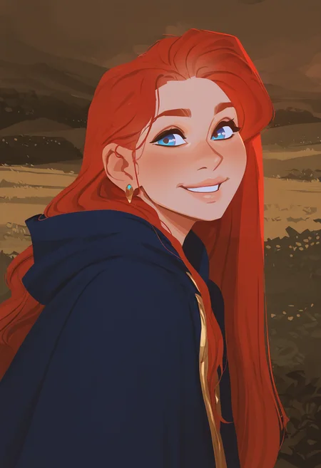 masterpiece, best quality, newest, absurdres, highres, no lineart, 1girl, female, solo, portrait, female focus, red hair, blue eyes, long hair, light skin, smile, looking at viewer, outdoors, beautiful, blue cloak, gold inlay, earrings,
<lora:incase_new_style_red_ill:1>
