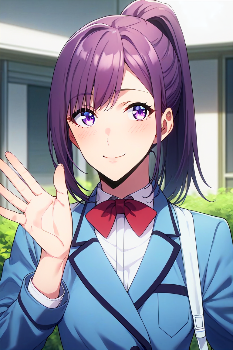 score_9, score_8_up, score_7_up, score_6_up, score_5_up, score_4_up, rating_questionable, , source_anime, digital illustration, pixiv, fanbox, uncensored, , BREAK, official art,
1girl, solo, female,  sung jinah, purple eyes, purple hair, ponytail, sidelocks, 
school uniform, blue blazer, bowtie, upper body, light smile, waving,,  ,  outdoors, blush, cowboy shot, looking at viewer,   <lora:Sung_Jinah-10:0.9>