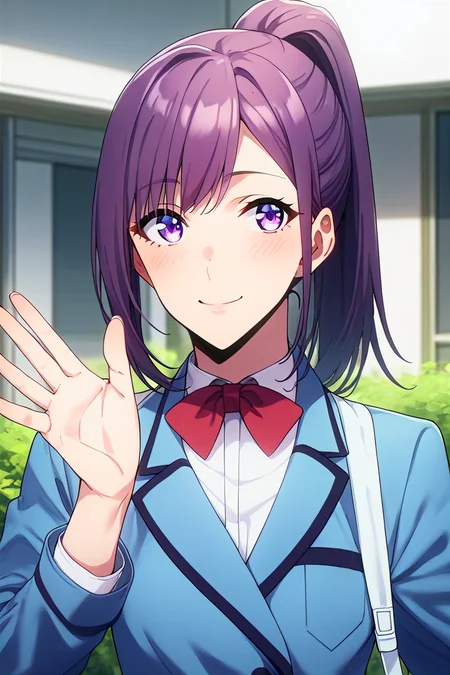 score_9, score_8_up, score_7_up, score_6_up, score_5_up, score_4_up, rating_questionable, , source_anime, digital illustration, pixiv, fanbox, uncensored, , BREAK, official art,
1girl, solo, female, sung jinah, purple eyes, purple hair, ponytail, sidelocks,
school uniform, blue blazer, bowtie, upper body, light smile, waving,, , outdoors, blush, cowboy shot, looking at viewer, <lora:Sung_Jinah-10:0.9>