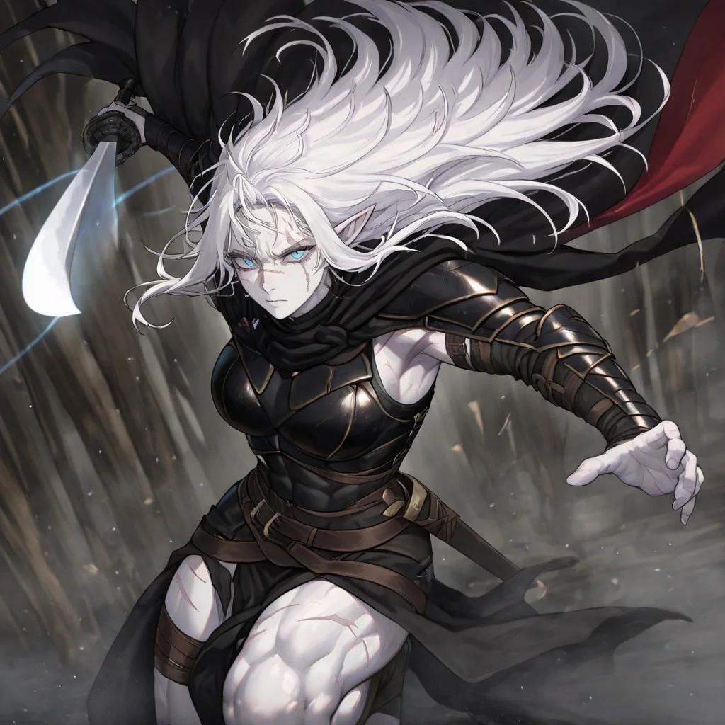 masterpiece, best quality, newest, absurdres, highres,
INCSV1.0, incoming attack, holding sword, sword, holding weapon, holding, weapon,
1girl, pale, white skin, colored skin, pale skin, elf, pointy ears, muscular woman, armor, cape, leather armor, scar, scars on face, white hair, long hair, messy hair, black armor, black leather, blue eyes,
