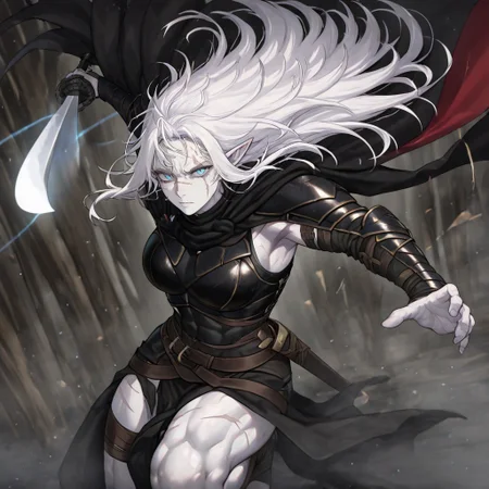 masterpiece, best quality, newest, absurdres, highres,
INCSV1.0, incoming attack, holding sword, sword, holding weapon, holding, weapon,
1girl, pale, white skin, colored skin, pale skin, elf, pointy ears, muscular woman, armor, cape, leather armor, scar, scars on face, white hair, long hair, messy hair, black armor, black leather, blue eyes,