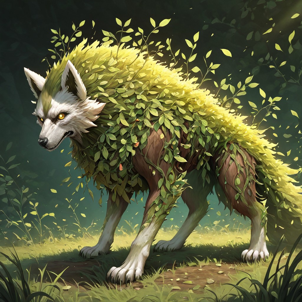 masterpiece, best quality, newest, absurdres, highres, FG-V2.0-Spirit, anima, animal focus, FG-V2.0, wolf, no humans, monster, plant, grass, leaves, fantasy, pokemon (creature),