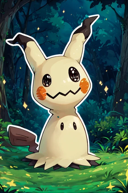 score_9, score_8_up, score_8, BREAK, zzMimikyu, solo, pokemon (creature), no humans, animal focus, mimikyu, full body, standing, outdoors, grass, black eyes, tree, nature, forest, night, <lora:Mimikyu_Pokemon_PDXL:0.8>, BREAK, smile, looking at viewer, abstract background, white outline, embedding:zPDXL, Expressiveh, <lora:CatalystStylePDXL:0.6>, <lora:SDXLFaeTastic2400:0.5>, <lora:Expressive_H-000001:0.4>,