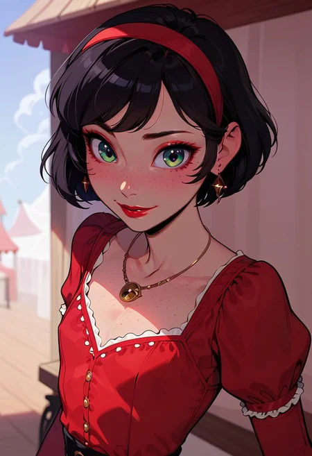 1boy, a femboy posing in an outdoor market,
 masterpiece, best quality, highly detailed, score_9, score_8_up, score_7_up, g4n1m3, source_cartoon, eye_focus, close-up, solo,
 otoko no ko, 18 years old, (tiny breasts), (petite body), cute, pretty kawaii femboy, young, cute face, green eyes, (black hair), bob cut, red hairband, earrings, red lipstick, perfect figure, narrow waist, red sundress, white polka dots, black pantyhose, black high heels, gold necklace,
 Expressiveh, smiling, contrapposto,
 outdoor market, dappled light, people in background, market stalls,
 dynamic light, sunny scene, vibrant colors, warm_colors, soft focus, high contrast, textured surfaces, depth of field, dramatic shadows, rich details, warm color palette, cinematic composition,