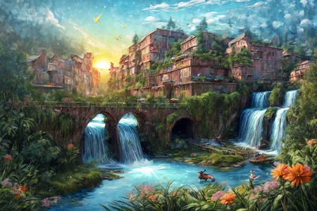 (RAW photo, 8k uhd, Analog style, Masterpiece, Best Quality, Highres:1.4), (dramatic, cinematic:1.2), BREAK,
movie shot of colorful hyperdetailed fantastic fantasy mysterious magic landscape, above clouds, (medieval elven fantasy (village:1.35), (steampunk:1.05) (peasant:1.15) (robots:1.1) (crowd:1.35), playing (little steampunk (girl:1.25):1.1), (farm:1.31), (lake, (river:1.14):1.15), (bridges:1.4), (waterfalls:1.35), (boat:1.4), (dock:1.1), (cliff:1.35), road, (green:1.05) valley, (flowers:1.2), (maple trees:0.65), (green:1.05) (fields:1.3), (fences:1.3), (snowy:1.17) (pines:1.1), (pink:1.0) (flowering tree:1.12):1.22), BREAK,
((mountains:1.22), (futuristic:1.15) (overgrown:1.27) (skyscrapers:1.53) (ruins:1.35), (market, water wheel, castle:1.14), (colorful houses:1.2), birds, stairs, spaceport, ((bright morning sun daylight:1.05) rainbow pure (blue:1.05) sky, glowing:1.05), starry, crescent, meteor, ((fluffy cloud:1.2), godrays, light particles:1.05), various seasons, steam, smokes:1.2), BREAK,
(photorealistic:1.2), (intricate:1.3), (light theme:1.3), (inspiring joyful atmosphere:1.2), (fabulous, fantasy, mysterious, science fiction, post-apocalypse, incredible, amazing, happy, sunny, pastoral:1.2), (hyperdetailed, absurdres:1.2), (colorful, saturated:1.4), colorful lighting, BREAK,
<lora:more_details:1>,