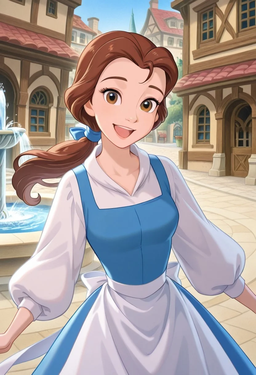 belle, 1girl, brown hair, solo, brown eyes, smile, ponytail, open mouth, long hair, cowboy shot, town, fountain, plaza, blue dress, white shirt, white apron, long sleeves, looking at viewer,
feh,
<lora:Belle_-_Disney_Illustrious (1):1>