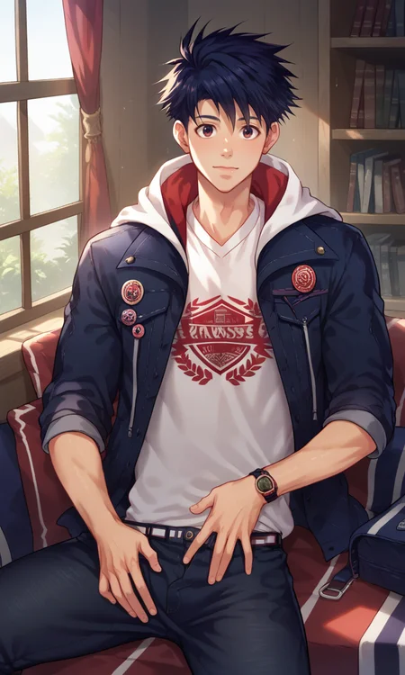 score_9, score_8_up, score_7_up, masterpiece, best quality, lots of details, (close-up), ((1boy)), Anderson, (slim), male focus, blue-red eyes, sitting, on brown couch, hooded jacket, hood down, black jeans, wristwatch, closed mouth, shaded, white t-shirt, detailed shading, detailed skin, shaded skin, realistic shading, looking at viewer, Expressiveh, countershading:1.1, dorm room, indoors, <lora:add-detail-xl:0.7>, <lora:Smooth Anime 2 Style SDXL_LoRA_Pony Diffusion V6 XL:0.8>, <lora:Expressive_H:0.7>, <lora:Anderson_XL_V10_OPT:0.9>