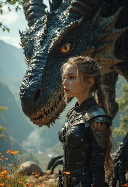 A beautiful young, slender Slavic female assassin stands confidently beside the colossal front leg of a massive dragon, emphasizing the dragon's immense size. Her ethereal beauty is captivating, with high cheekbones that create a striking contour against her smooth, porcelain-like skin, which glows softly under the warm light filtering through the canopy of leaves above. Her large, almond-shaped eyes are a mesmerizing pale blue, sparkling with both determination and a hint of mischief. These eyes, framed by long, dark lashes, convey an intensity that reflects her fierce spirit and readiness for action. Her straight, delicate nose leads to thin lips, which are naturally pink and slightly parted, revealing a sense of awe and fierce resolve as she gazes up at the giant creature beside her.  Her long, pale hair flows like silk, cascading elegantly down her back and catching the soft light in a way that makes it appear almost ethereal. A few strands are intricately braided with silver threads and small charms, hinting at her heritage and the mystical nature of her surroundings. The gentle breeze plays with her hair, framing her face beautifully and accentuating her striking features.  Dressed in a fitted, dark leather outfit designed for stealth and agility, she embodies a perfect blend of elegance and lethality. The armor hugs her slender frame and emphasizes her flat chest, allowing for maximum freedom of movement. The material is adorned with intricate engravings that evoke traditional Slavic motifs, shimmering subtly in the light. Her arms are protected by lightweight bracers, and her fingers, wrapped in fitted gloves, are poised and ready to wield her weapons at a moment's notice.  Next to her, the massive dragon is an awe-inspiring sight. Its scales shimmer in a captivating palette of gold and deep blacks, catching the light as it moves. The dragon's front leg towers over her, its claws larger and taller than her entire body, showcasing the immense power and size of the beast. Each claw is sharp and formidable, resembling ancient stone, with ridged, armor-like scales that give an impression of strength and invincibility.  The dragon's molten gold eyes gaze down at her with a mixture of respect and curiosity, acknowledging her bravery and skill as an assassin in this fantastical realm. The background reveals a lush, enchanted forest, where towering trees with thick trunks create a dramatic canopy above. Sunlight filters through the leaves, casting dappled patterns on the forest floor, which is blanketed in vibrant moss and wildflowers. A soft mist rolls lazily across the ground, adding an air of mystery to the scene, while distant mountains loom majestically in the background, hinting at the adventures that lie beyond.  This moment captures the extraordinary bond between the assassin and her dragon companion, embodying the themes of beauty, strength, and courage against the backdrop of a magical world filled with endless possibilities.   Midjourney_Whisper  <lora:FLUX - NEOSTF - Styles for FLUX:0.5> <lora:FLUX - Realism:0.7> <lora:FLUX - Midjourney Whisper - Female Portraits ( Midjourney_Whisper ):0.6>