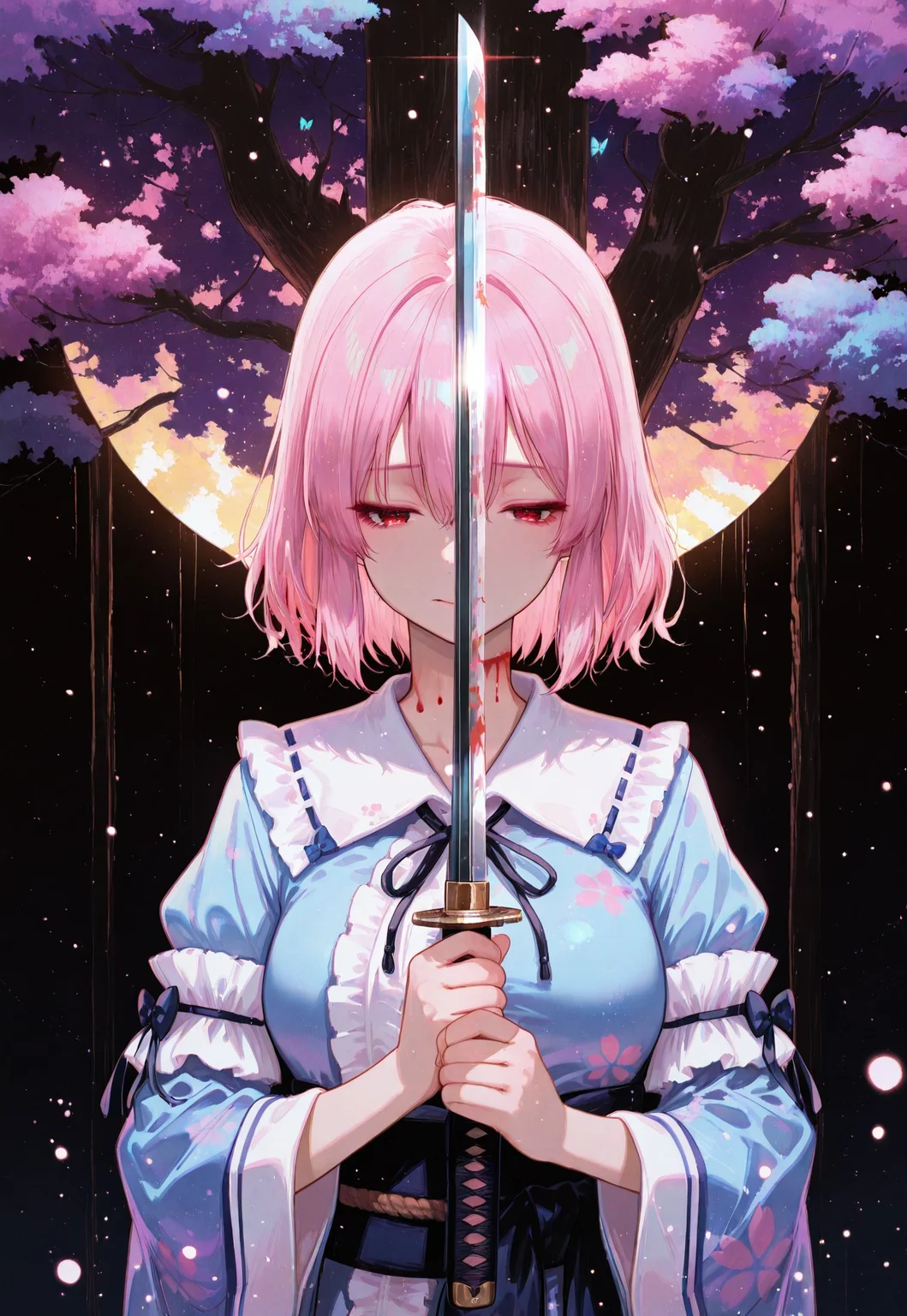 safe_pos, masterpiece, best quality, very aesthetic, absurdres,
saigyouji yuyuko, 1girl, solo, red eyes, pink hair, short hair, medium large breasts, younger,
simple blue kimono, long sleeves, wide sleeves, sash, ribbon, upper body,
katana, (detailed katana:1.2), holding a (very long:1.2) katana, katana edge in front of own neck, bleeding neck, (suicide:1.5),
correct fingers, dynamic pose, smile, beautiful eyes, detailed eyes, no expression, (sorrow:1.2), (grief:1.2), emotionless, lipbite, serious, wide-open eyes
outdoor, very dark background,
tree focus,
under a dead tree with (giant huge:1.5) trunk, trunk wrapped with a shimenawa rope,
blue butterfly, floating cherry blossom in air,
pastel colors, gradient color, soft fill light, (ambient light), (dynamic light), vivid colors, high contrast,
raytracing, volumetric lighting, (light particles:1.2), glowing particles, gradient color,
shiny, glitter,
tense atmosphere, lonely atmosphere, sad atmosphere,
atnr style,
((4k,8k,Ultra HD)),((Masterpiece :1.2)),((Best quality :1.2)),((Detailed :1.2)), ((Detailed eyes:1.2))