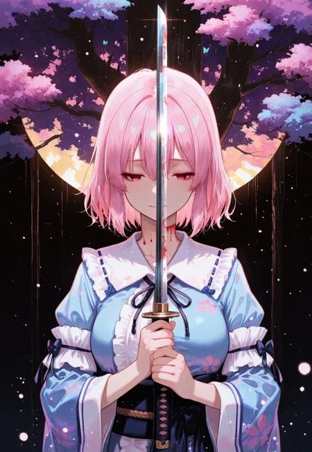 safe_pos, masterpiece, best quality, very aesthetic, absurdres,
saigyouji yuyuko, 1girl, solo, red eyes, pink hair, short hair, medium large breasts, younger,
simple blue kimono, long sleeves, wide sleeves, sash, ribbon, upper body,
katana, (detailed katana:1.2), holding a (very long:1.2) katana, katana edge in front of own neck, bleeding neck, (suicide:1.5),
correct fingers, dynamic pose, smile, beautiful eyes, detailed eyes, no expression, (sorrow:1.2), (grief:1.2), emotionless, lipbite, serious, wide-open eyes
outdoor, very dark background,
tree focus,
under a dead tree with (giant huge:1.5) trunk, trunk wrapped with a shimenawa rope,
blue butterfly, floating cherry blossom in air,
pastel colors, gradient color, soft fill light, (ambient light), (dynamic light), vivid colors, high contrast,
raytracing, volumetric lighting, (light particles:1.2), glowing particles, gradient color,
shiny, glitter,
tense atmosphere, lonely atmosphere, sad atmosphere,
atnr style,
((4k,8k,Ultra HD)),((Masterpiece :1.2)),((Best quality :1.2)),((Detailed :1.2)), ((Detailed eyes:1.2))