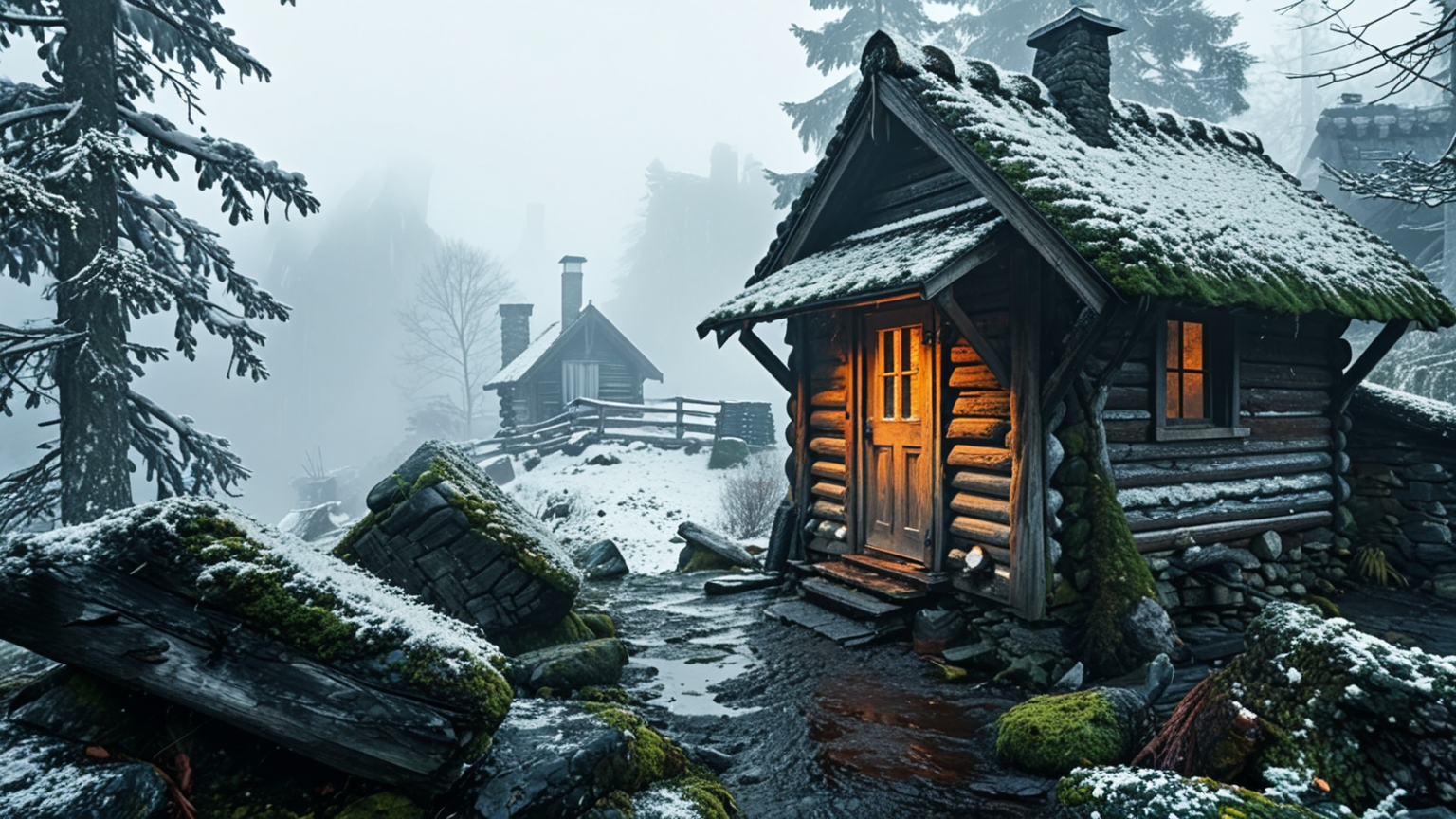 masterpiece,best quality,amazing quality,high resolution,ultra-detailed,absurdres,HDR,8K,high contrast,realistic,muted lithing,sharp focus,fine details,
A professional scenic photography of the view On a rustic safety hut perched on a craggy ridge above a valley of swirling fog where weathered logs and mossy shingles blend into the rocks. At winter afternoon snowfall, gentle flakes swirl around frosted windowsills, the hut vanishes into swirling white, and only the chimney marks life inside. ,