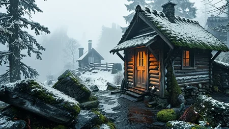 masterpiece,best quality,amazing quality,high resolution,ultra-detailed,absurdres,HDR,8K,high contrast,realistic,muted lithing,sharp focus,fine details,
A professional scenic photography of the view On a rustic safety hut perched on a craggy ridge above a valley of swirling fog where weathered logs and mossy shingles blend into the rocks. At winter afternoon snowfall, gentle flakes swirl around frosted windowsills, the hut vanishes into swirling white, and only the chimney marks life inside. ,