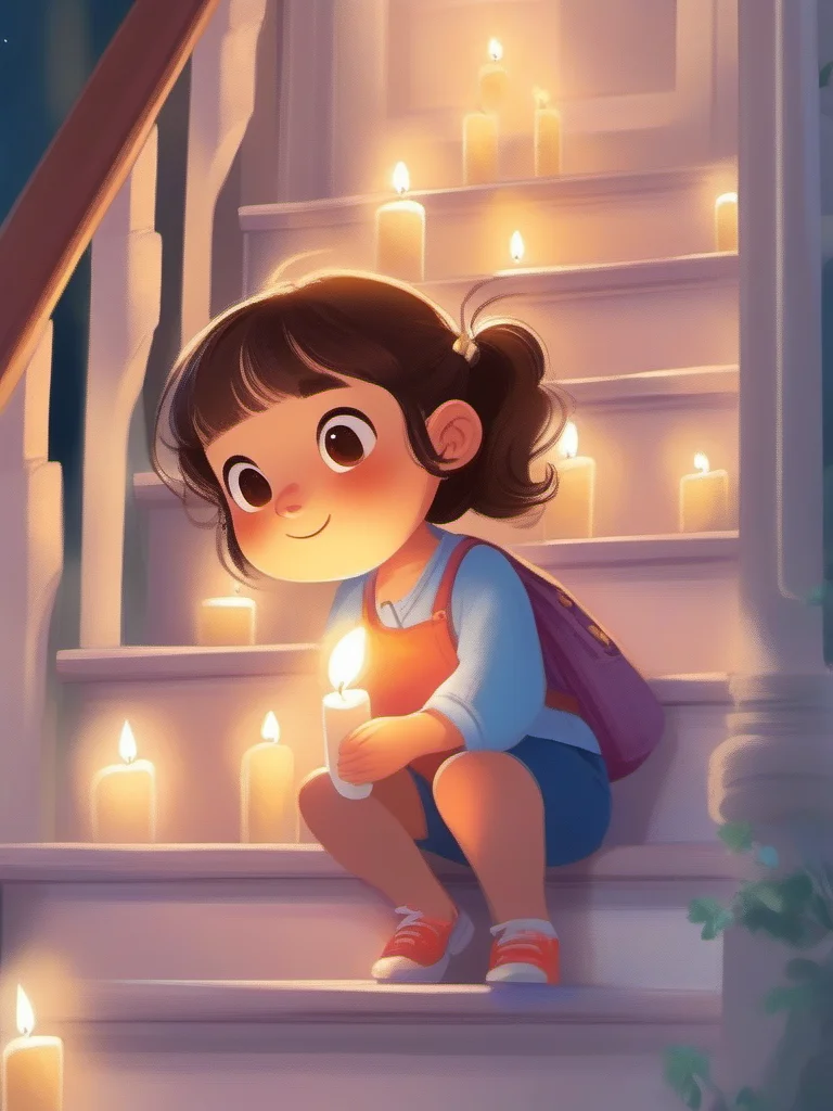 A little girl is holding a lit candle while climbing a staircase., <lora:kids:1> illuillustration,
