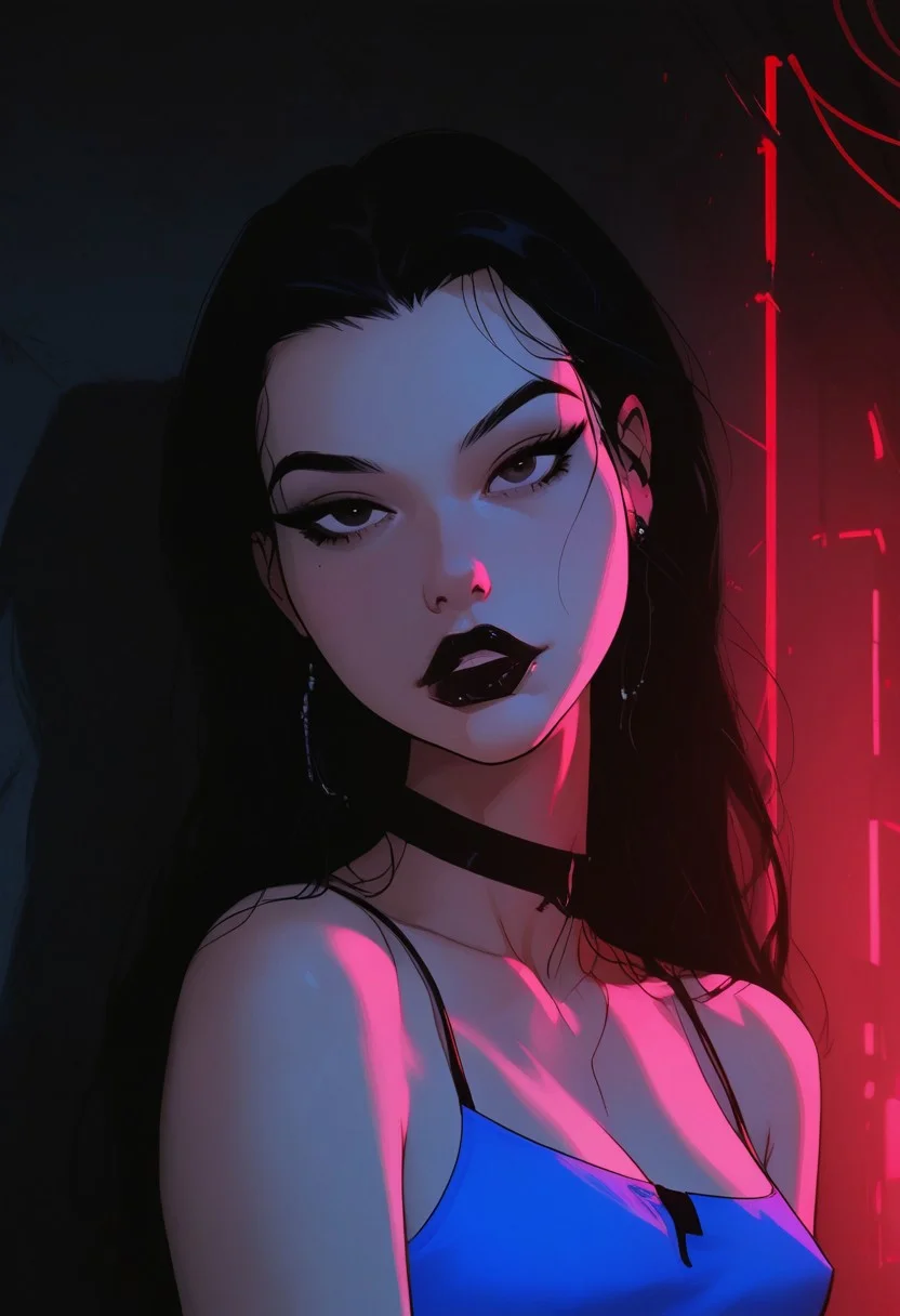 , score_9, score_8_up, score_7_up, highly detailed , 
1girl, solo, female focus,
danatan, 1girl, black hair, solo, long hair, black eyes, black lipstick, blue dress, bare shoulders, makeup,
sexy pose , showing off body , seductive expression , horny girl ,
volumetric lighting, ray tracing, cinematic shadows, backlighting, cinematic lighting , 
Outside, night, dark alley, futuristic city, dark theme, low light
close-up, closeup,
Expressiveh , g0thicPXL, glowing, neon, neon lights, ganassa