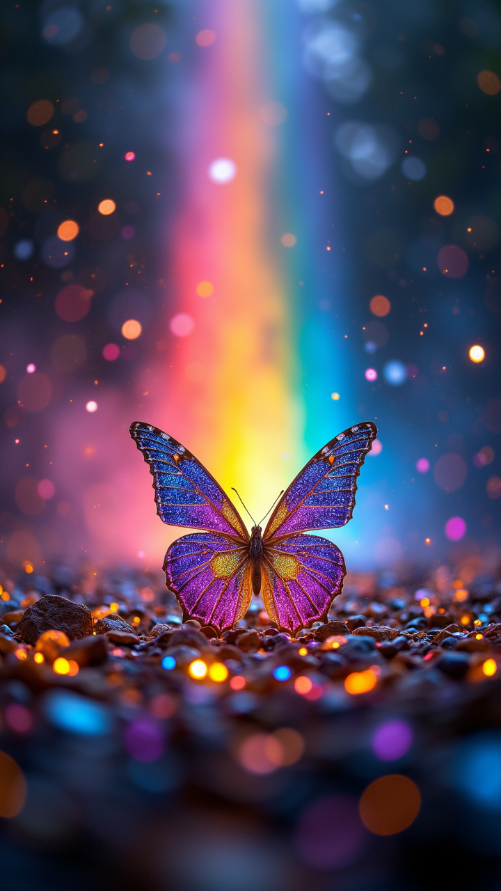 cinematic photo a radiant rainbow fountain bursts forth from a kaleidoscope of glittering gemstones, as a majestic butterfly with iridescent wings and a trail of sparkling stardust unfurls its delicate beauty amidst the shimmering mist, surrounded by a chorus of singing fireflies and a procession of gleaming lanterns carried by dancing clouds. . 35mm photograph, film, bokeh, professional, 4k, highly detailed   ,aidmaHyperrealism