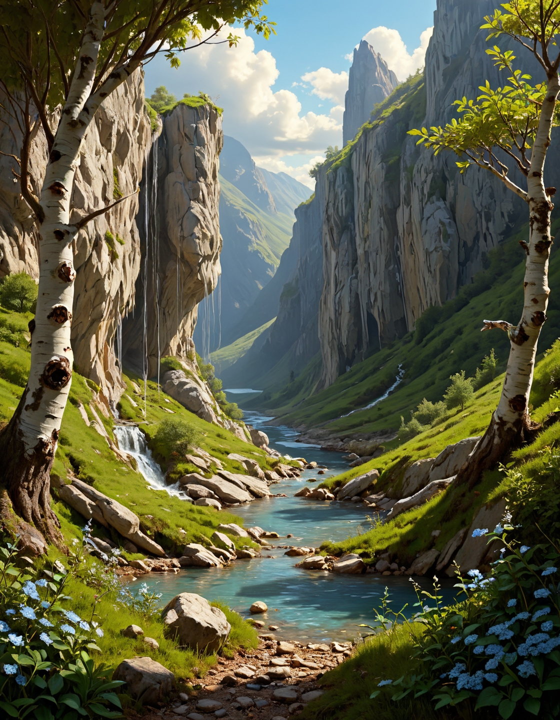 surreal landscape,creator landscape,stale of Jean-Baptiste-Camille Corot (silvery tones), Glacial valley with milky-blue streams, birch bark peeling scrolls, stone tidal fish trap,fieldfare flock in berry bushes.
 <lora:LCMTurboMix_DPM_SDE_Karras:0.7>,
<lora:Flux-style-xl-lora:0.7> flux-style,
<lora:extremely_detailed:0.7> extremely detailed,
<lora:WildcardX-XL-Detail-Enhancer:0.3>,
<lora:add-detail-xl:0.7>,
BeyondSDXLv3,
(8k,highly detail, cool colors, grand illumination, dynamic cinematic perfect background, stunning detail,absurd detail, high quality, masterpiece,aesthetic, illustration, perfect composition, intricate details, absurdres),