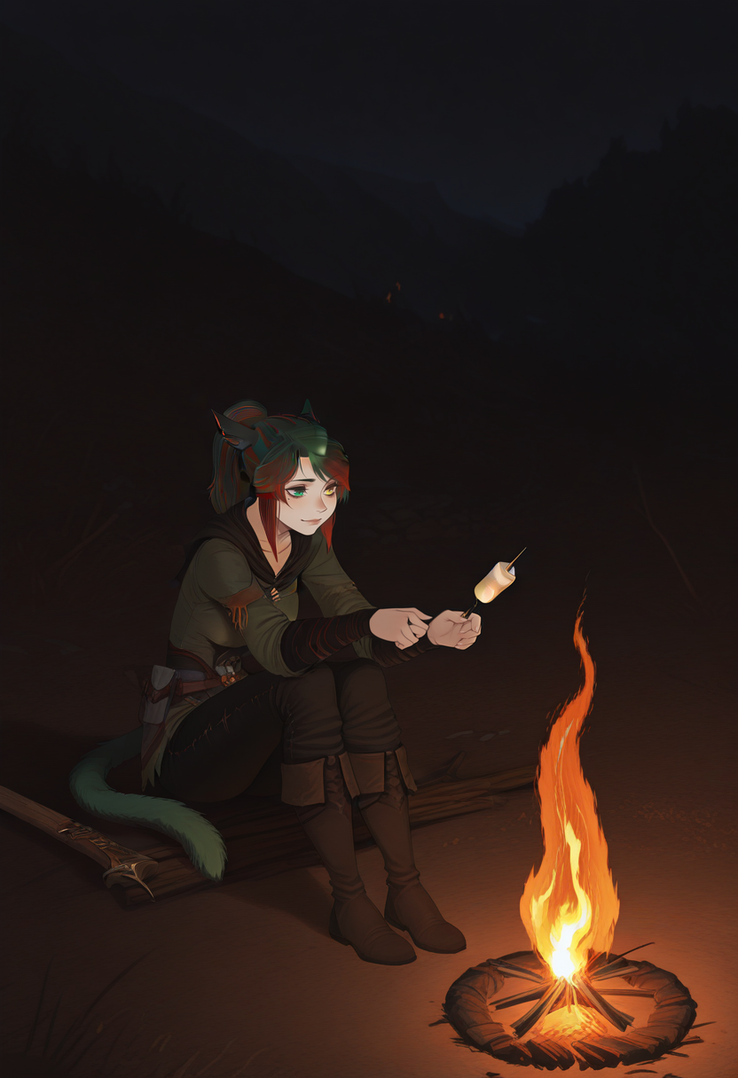 masterpiece, best quality, absurdres, CatGirlStyle,
1girl, siriha, miqo'te, green hair, red hair, two-tone hair, tail, heterochromia, yellow eyes, green eyes,
adventurer,
sitting, campfire, sword in campfire, bonfire \(dark souls\),
holding skewer, roasted marshmallow, marshmallow on stick, s'more, roasting, stick in fire,
night, dark, warm lighting, orange glow