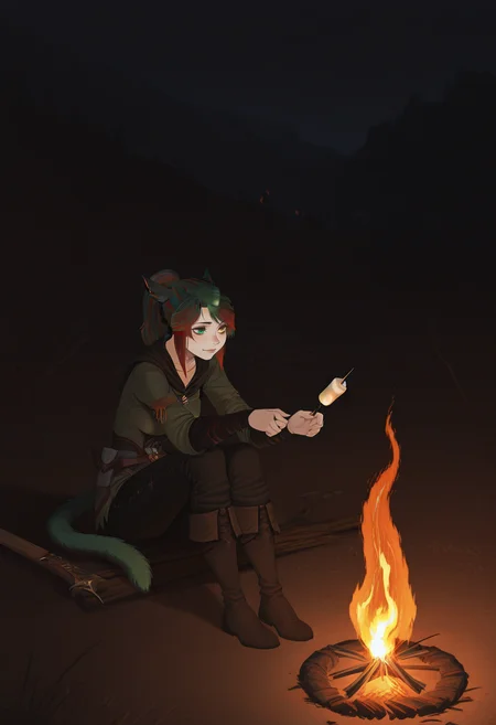 masterpiece, best quality, absurdres, CatGirlStyle,
1girl, siriha, miqo'te, green hair, red hair, two-tone hair, tail, heterochromia, yellow eyes, green eyes,
adventurer,
sitting, campfire, sword in campfire, bonfire \(dark souls\),
holding skewer, roasted marshmallow, marshmallow on stick, s'more, roasting, stick in fire,
night, dark, warm lighting, orange glow