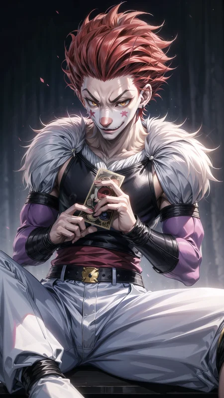 ((( 1boy, Hisoka, HUNTER x HUNTER, Furry boy, body fur, pelt, ))),  <lyco:Transform Characters into Furry Fox Girls:0.8>  <lora:add_detail:0.2>  <lora:hxh_hisoka:0.5> BREAK,
yellow eyes, red hair, Joker,  BREAK, 
on stage, holding playcard,, masterpiece, best quality, hyperrealistic, extremely detailed, highly quality, 4k, sharp focus, professional photograph, sharp focus, award winning, cinematic lighting, octane render, unreal engine, volumetrics dtx, Wallpaper,
