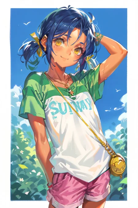 score_9, score_8_up, score_7_up, score_6_up, source_anime, alphonsestyle, line art,
<lora:sunohara-mei-xl:0.7> sunohara mei, green striped shoulder t-shirt, pink shorts,
<lora:Anime Summer Days Style SDXL_LoRA_Pony Diffusion V6 XL:0.5>