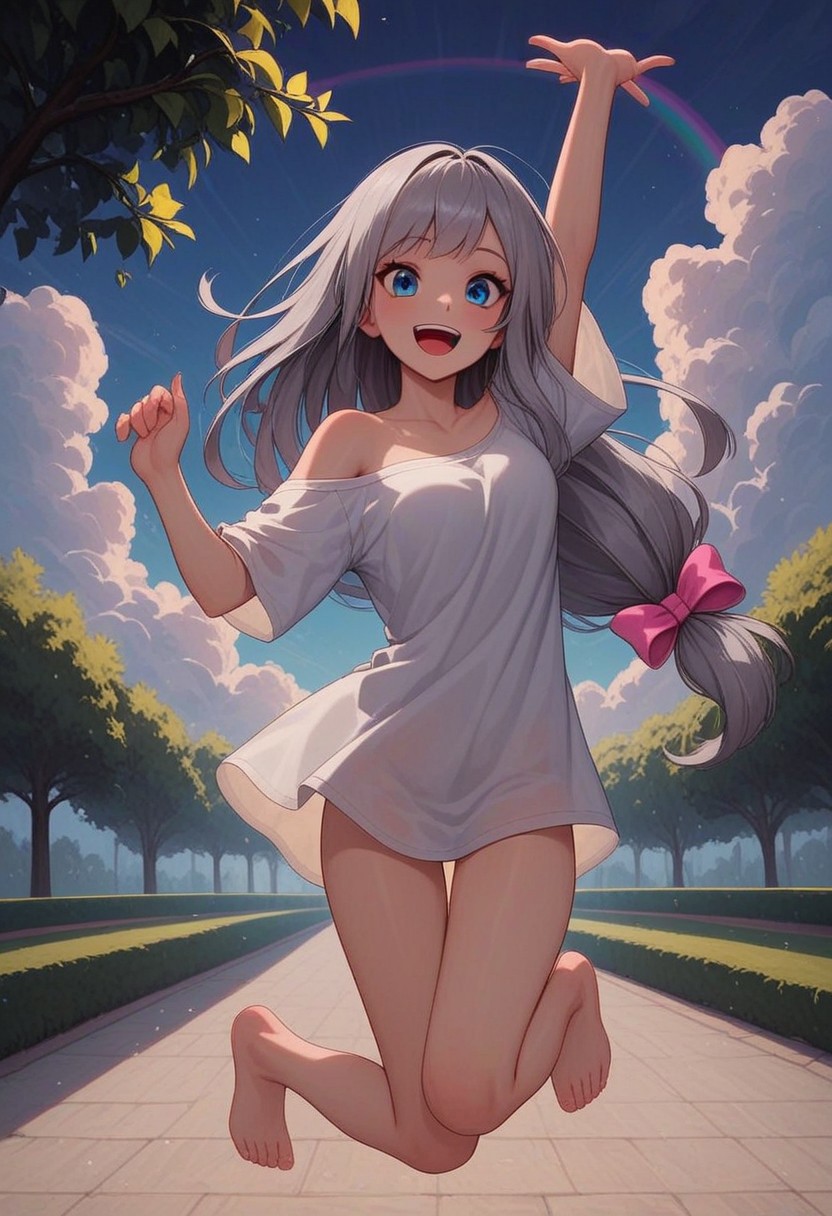masterpiece, best quality, amazing quality, p0nyd1sney1ncasev1x0n2:1.5, 1girl, 25 years old, perfect face, 
blue eyes,
grey hair, long hair, hair bow, low-tied long hair, sidelocks, 
pink bow, 
white shirt, oversized clothes, collarbone, bare shoulders, off shoulder, off-shoulder shirt, 
bottomless, 
arm up, jumping, smile, happy,
sky, clouds, park, rainbow,
