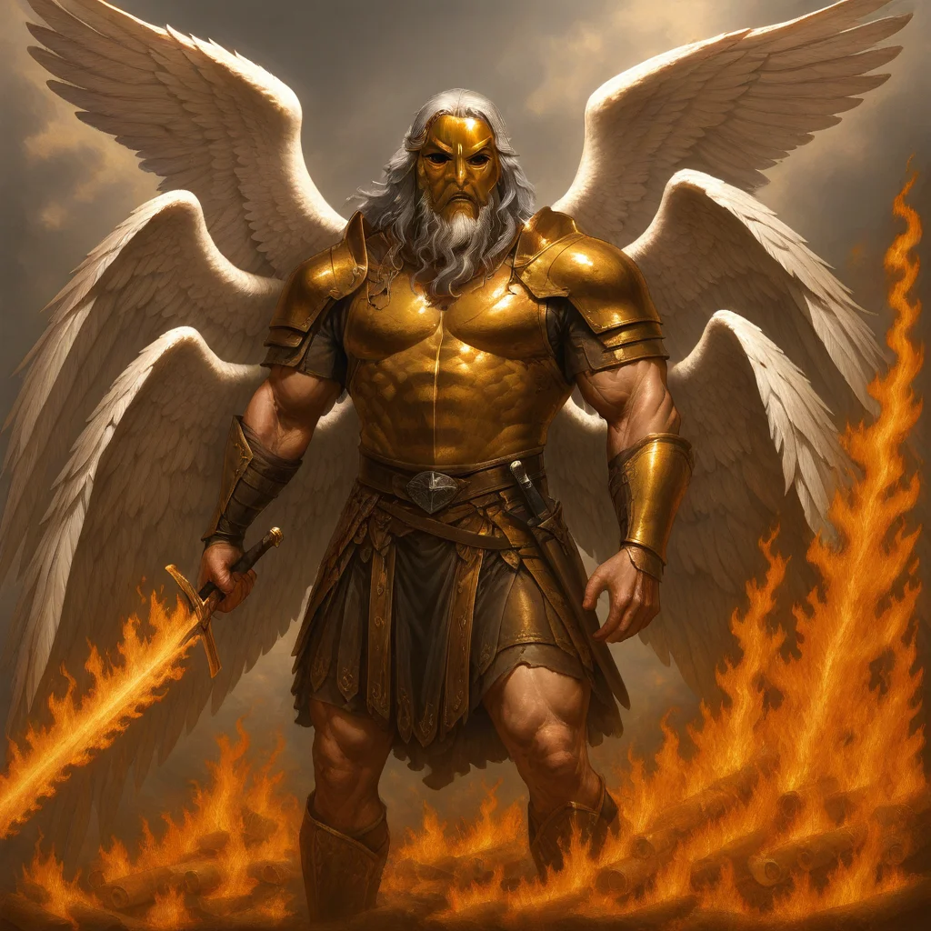 masterpiece, best quality, newest, absurdres, highres, LORV1.0-IL, 1boy, angel, angel wings, beard, armor, manly, muscular male, mask, face mask, golden mask, grey hair, facial hair, feathered wings, sword, holding, holding sword, holding weapon, manly, muscular male, fire, fire sword, flame sword,