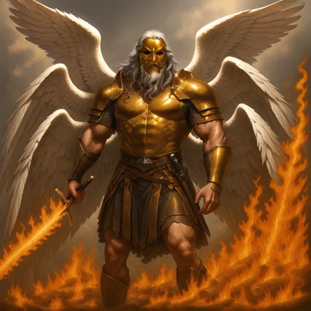 masterpiece, best quality, newest, absurdres, highres, LORV1.0-IL, 1boy, angel, angel wings, beard, armor, manly, muscular male, mask, face mask, golden mask, grey hair, facial hair, feathered wings, sword, holding, holding sword, holding weapon, manly, muscular male, fire, fire sword, flame sword,