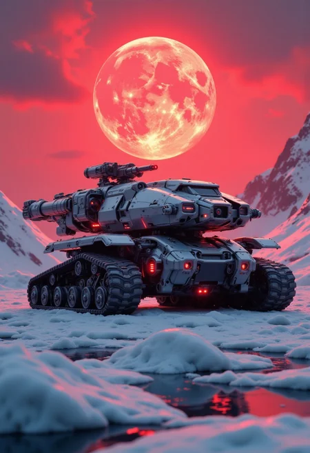 CAICO, Inkpunk Anime, red and white theme, detailed photorealistic image, a_skynet_cyberdyne_craft, the image is featuring a moonlit scene of a Cyberdyne armoured tank on a glacial landscape of ice and snow, caterpillar tracks, with white and gunmetal grey alloy surfaces with high-end circuitry, red glowing diodes and lights, giving a highly advanced, industrial military look, with large plasma cannons and rocket launchers; large depth of field. Sunset, the sky is a vivid red