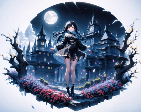 [(white background:1.5),::5] (isometric:1.0), double exposure, bubble,
mid shot, full body,
//
masterpiece, best quality, 1girl, (colorful),(finely detailed beautiful eyes and detailed face),cinematic lighting,bust shot,extremely detailed CG unity 8k wallpaper,black hair,long hair,black eyes,solo,smile,intricate skirt,((flying petal)),(Flowery meadow) sky, cloudy_sky, building, moonlight, moon, night, (dark theme:1.3), light, fantasy,looking at viewer, <lora:adaptedmodel:1> <lora:lihui4JXK-b2-bf16-128-128-1-re1-ep3-768-DA-5015fix:1.0>
