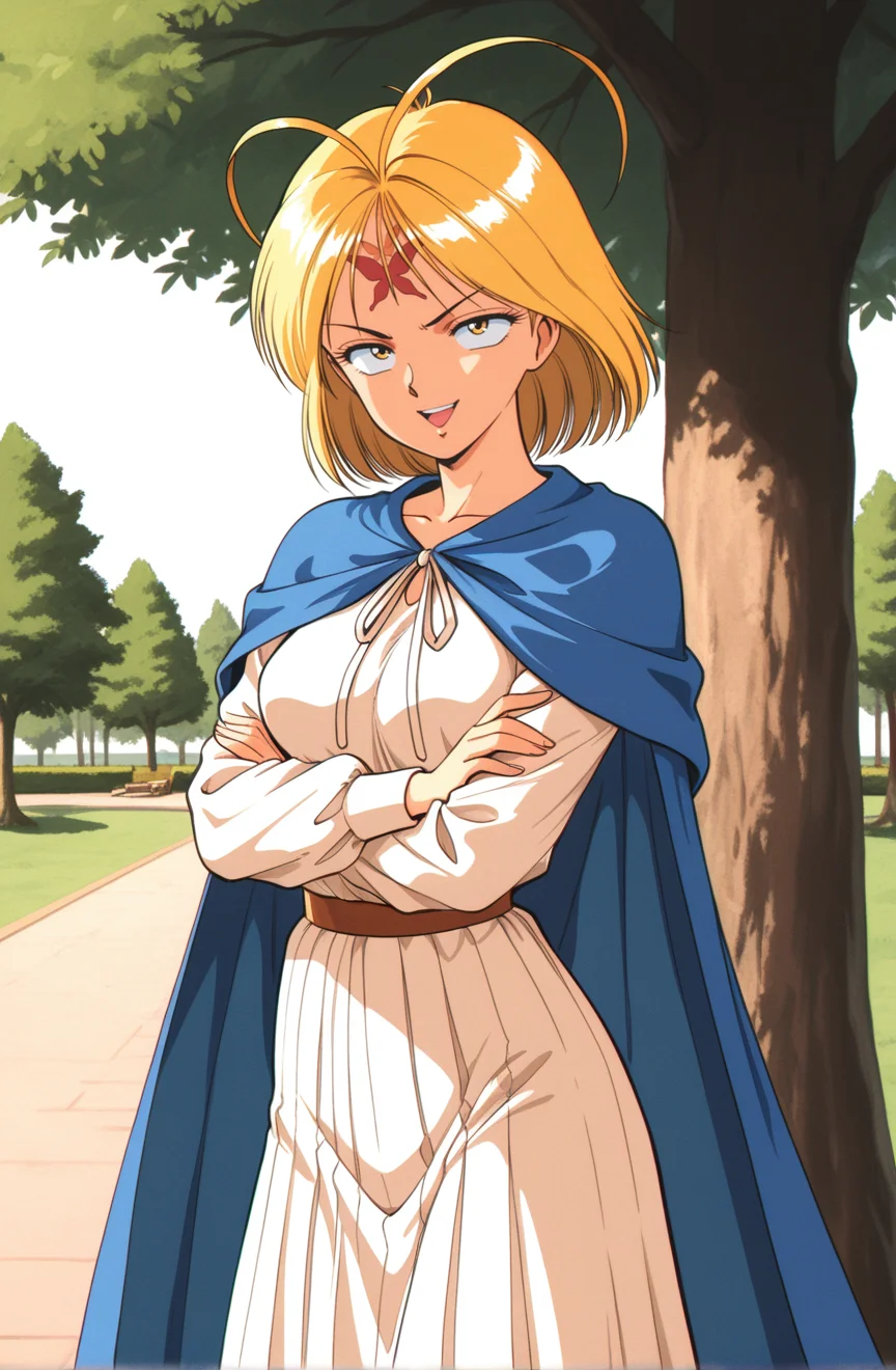 1girl,kznk1sidnpaf1o,retro artstyle,1990s \(style\), solo,sanpaku, constricted pupils,yellow eyes,  , antenna hair,blonde hair, short hair,red_butterfly_forehead_mark,facial mark,medium breasts,blue cape,long sleeves,long skirt,white dress,outdoors,,tree,park,fantasy,,looking at viewer,v-shaped eyebrows,upper body ,seductive smile ,,pose ,open mouth ,,best quality,masterpiece,sensitive ,  <lora:KazenokishidanPafioNoobAI2:1>