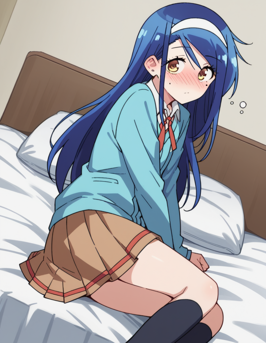 score_9, score_8_up, score_7_up, source_anime, <lora:fumino-furuhashi-s2-ponyxl-lora-nochekaiser:1>, fumino furuhashi, long hair, brown eyes, blue hair, yellow eyes, hairband, mole, mole under eye, white hairband,, skirt, shirt, long sleeves, school uniform, pleated skirt, kneehighs, neck ribbon, brown skirt, cardigan, blue cardigan, collared shirt,, indoors, bed, bed room, on side, blush, drunk, looking at viewer, solo,, cowboy shot, dutch angle