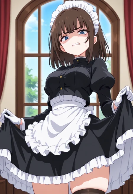 masterpiece, best quality, amazing quality, absurdres, 1girl, solo, cowboy shot, tsubakiww, blue eyes, brown hair, medium hair, medium breasts, maid, maid headdress, black jacket, white shirt, puffy sleeves, juliet sleeves, white gloves, maid apron, frilled apron, frilled skirt, black skirt, looking at viewer, disgust, clenched teeth, indoors, day, skindentation, detailed clothing folds, depth of field, sharp, high contrast, dynamic light <lora:Rurikawa_Tsubaki_Maid_Kyouiku_ill:0.8>