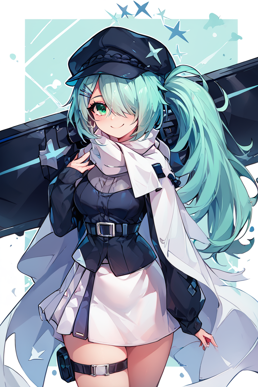 score_9, score_8_up, score_8, medium breasts, (curvy), cute, eyelashes,       BREAK, , ,,,  zzHiyori, long hair, hair over one eye, side ponytail, hairclip, hair ornament, aqua hair, green eyes, black headwear, hat, cabbie hat, long sleeves, white skirt, belt, white scarf, <lora:Hiyori_BlueArchive_PDXL_v2:0.8>,   ,,,, BREAK, smile, looking at viewer, ,,, abstract background, white outline, cowboy shot, ,,, embedding:zPDXL, Expressiveh, ,,, <lora:CatalystStylePDXL:0.6>, <lora:SDXLFaeTastic2400:0.5>, <lora:Expressive_H-000001:0.4>,