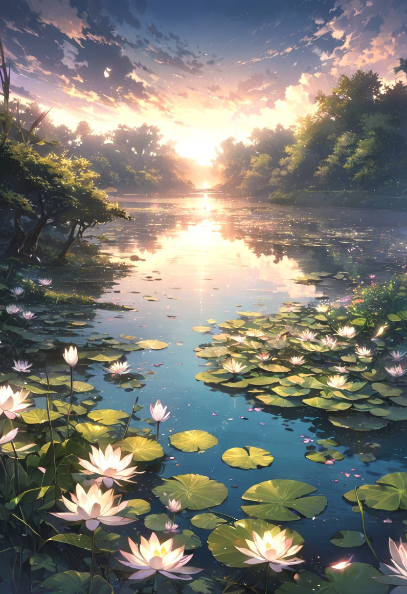 detailed background,( Calm spring night landscape), amongst lush greenery, beautiful view, Water lilies in full bloom, Water lilies, Unexplored, early morning, sunrise sky, beautiful clouds, dappled sunlight, beautiful, Tranquil Lake, Walkway, petals dancing in the wind, depth of field, masterpiece, best quality, ultra-detailed, very aesthetic, illustration, perfect composition, intricate details, absurdres, moody lighting, wisps of light, no humans,