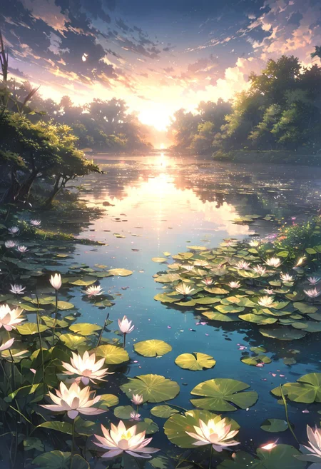 detailed background,( Calm spring night landscape), amongst lush greenery, beautiful view, Water lilies in full bloom, Water lilies, Unexplored, early morning, sunrise sky, beautiful clouds, dappled sunlight, beautiful, Tranquil Lake, Walkway, petals dancing in the wind, depth of field, masterpiece, best quality, ultra-detailed, very aesthetic, illustration, perfect composition, intricate details, absurdres, moody lighting, wisps of light, no humans,