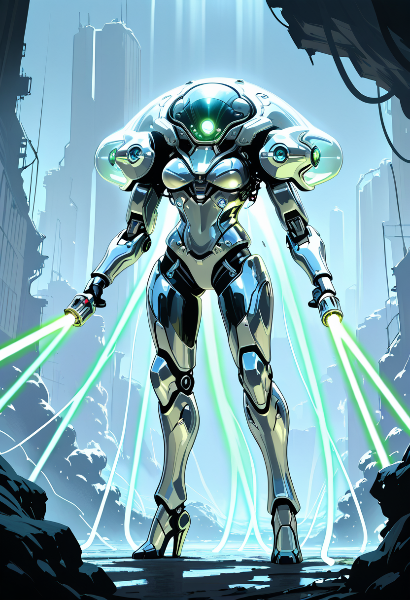 masterpiece, best quality, no humans,   ,<lora:TechJelly_IXL:0.7>,  TechJelly, glowing green eyes, metallic body, chrome surface, hovering tentacles, laser cannons, futuristic battlefield, high-tech ruins, battle stance, dynamic perspective, harsh lighting, tense atmosphere â Amidst the crumbled remnants of a futuristic battlefield, TechJelly hovers, its glowing green eyes scanning the horizon. The chrome surface of its mechanical body reflects the destruction around it, while hovering tentacles equipped with retractable laser cannons shimmer in the dim light. The harsh rays of a setting sun cast long shadows over the high-tech ruins, highlighting the creatureâs battle-ready stance. Every movement exudes a sense of cold, calculated precision, a perfect blend of machine and nature. The air is thick with tension, as if a storm is about to break, and TechJelly stands ready to strike.