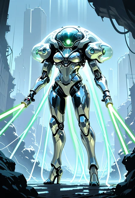masterpiece, best quality, no humans,   ,<lora:TechJelly_IXL:0.7>,  TechJelly, glowing green eyes, metallic body, chrome surface, hovering tentacles, laser cannons, futuristic battlefield, high-tech ruins, battle stance, dynamic perspective, harsh lighting, tense atmosphere â Amidst the crumbled remnants of a futuristic battlefield, TechJelly hovers, its glowing green eyes scanning the horizon. The chrome surface of its mechanical body reflects the destruction around it, while hovering tentacles equipped with retractable laser cannons shimmer in the dim light. The harsh rays of a setting sun cast long shadows over the high-tech ruins, highlighting the creatureâs battle-ready stance. Every movement exudes a sense of cold, calculated precision, a perfect blend of machine and nature. The air is thick with tension, as if a storm is about to break, and TechJelly stands ready to strike.