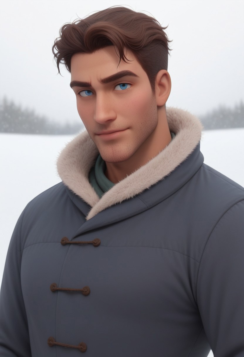 Arabian 25yo Naveen, 1boy, medium dark brown skin, slender manly body, combed medium brown hair, light blue eyes, facial expression loving, subtle beard stubble, snow parka, winter wear