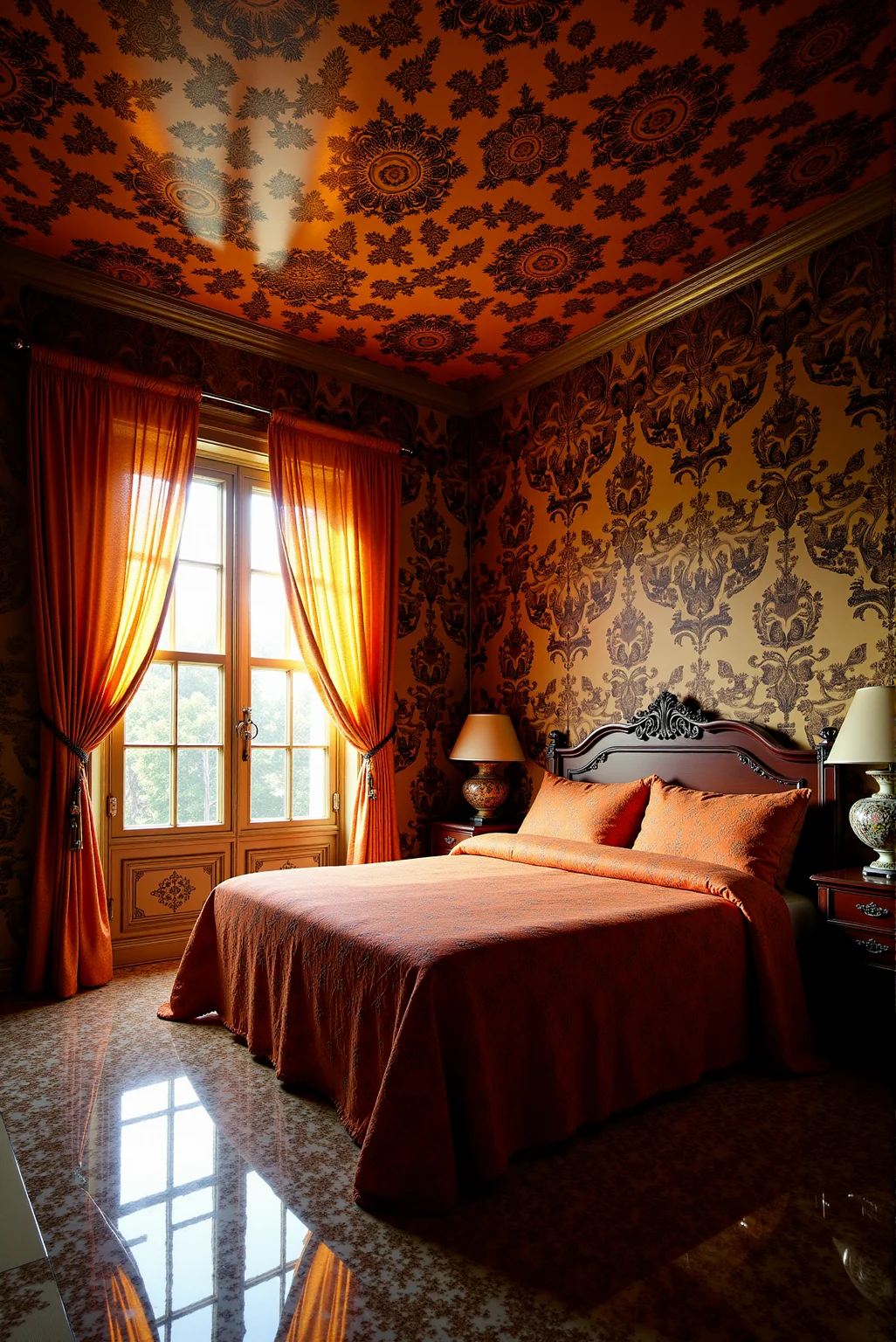 <lora:Ornamental_Patterns:0.6> OrnamentalPatterns style.
A cozy bedroom completely covered with ornamental pattern, including the floor, walls, ceiling, blanket and curtains. Late golden hour light filtering through the window.