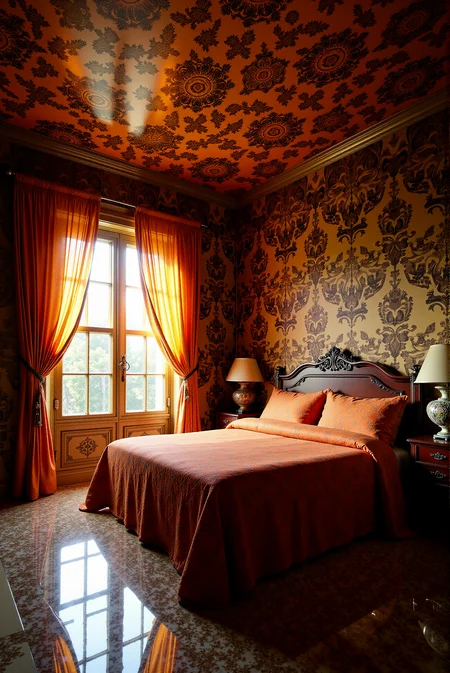 <lora:Ornamental_Patterns:0.6> OrnamentalPatterns style.
A cozy bedroom completely covered with ornamental pattern, including the floor, walls, ceiling, blanket and curtains. Late golden hour light filtering through the window.