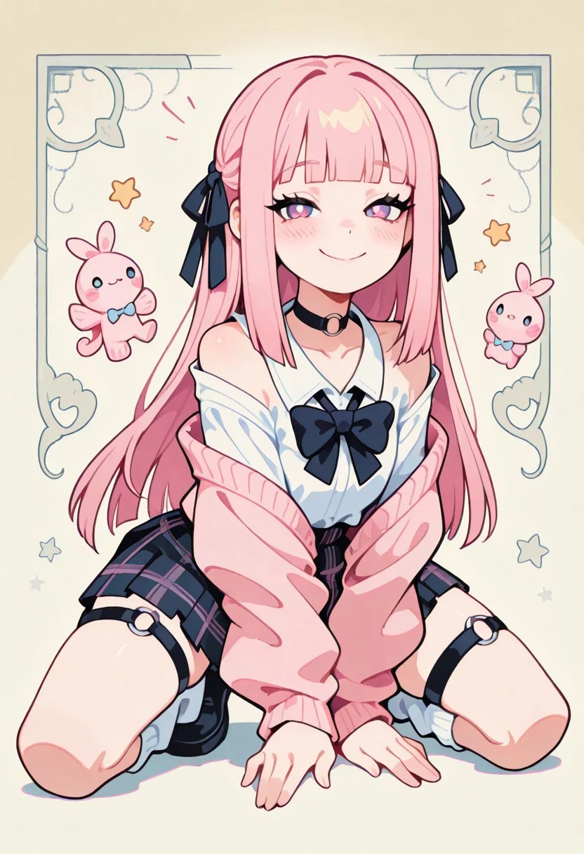 1 girl , solo , blushing , closed mouth , bratty smile , eyelashes , cute , long straight hair , blunt bangs , winking , star , ribbon , hair ribbon ,
slim , slender ,
thigh strap, choker, o-ring choker, pink cardigan, bowtie, white shirt, shirt open, tucked in, plaid skirt, pleated skirt, bare shoulder, white socks, loose socks, black footwear,
full body view, kneeling, spread legs, leaning forward,
masterpiece, best quality ,amazing quality ,S4bit4mago_illu , Protoneon ,s0wasow4rt_illu, t1m3r
